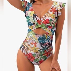 Tropical Floral Cutout One-Piece Swimsuit With Tummy Control NWT 2X